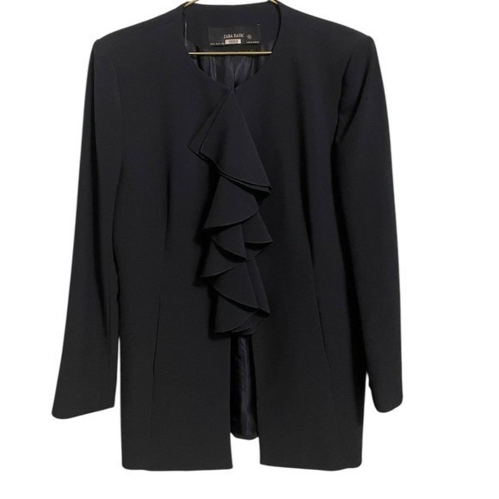 Zara Basic Black Ruffle Front Collarless Blazer Jacket Open Front XL